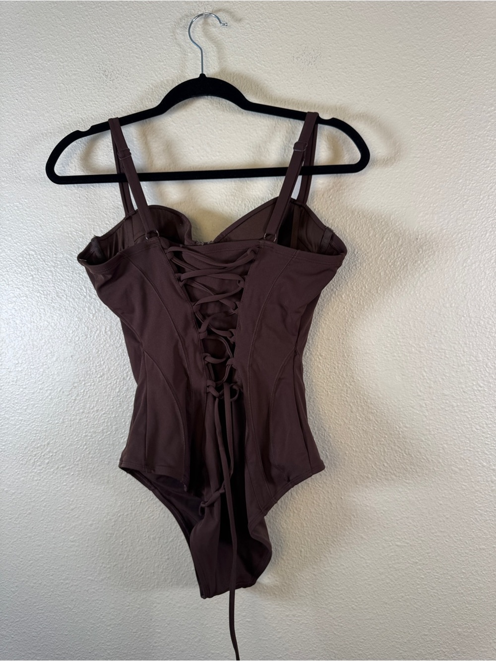 TA3 Brown Bombshell Sculpting Push Up One Piece Swimsuit Womens L Lace Up Back - Picture 4 of 9